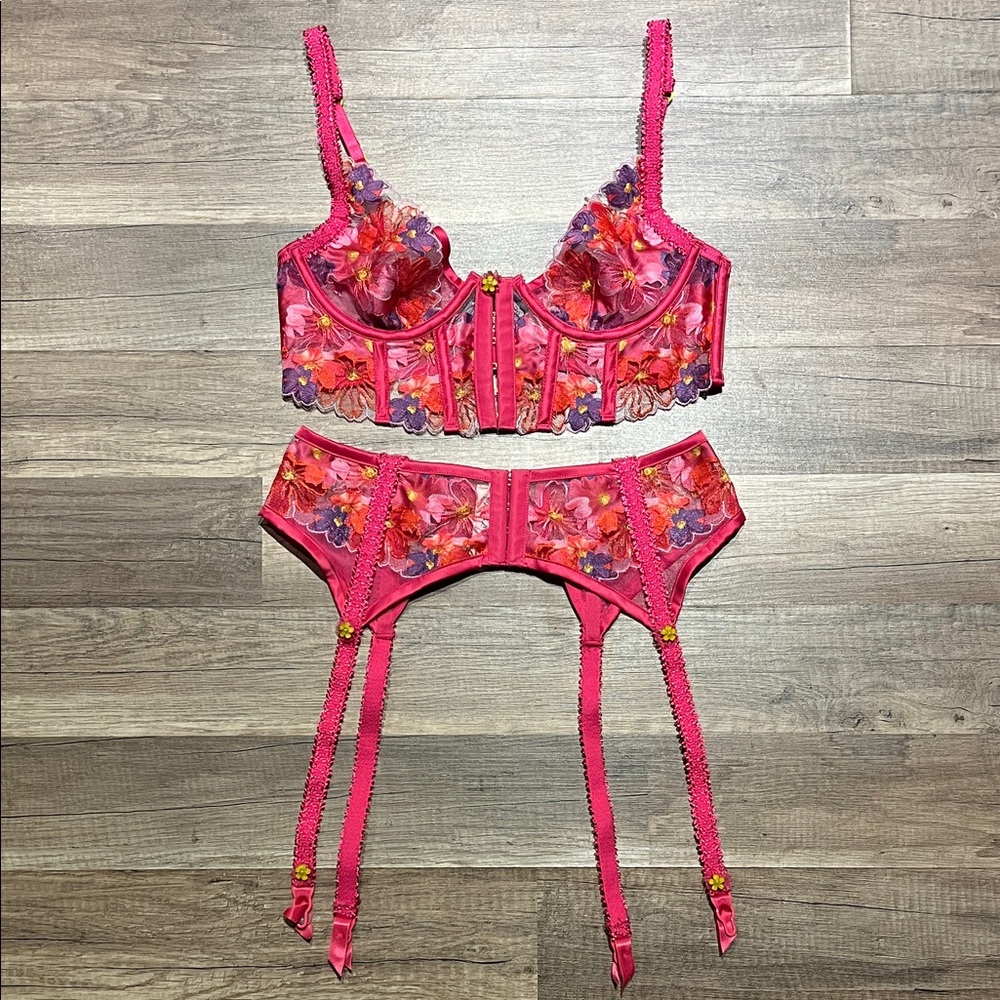 For Love And Lemons Pink Floral Lace Set